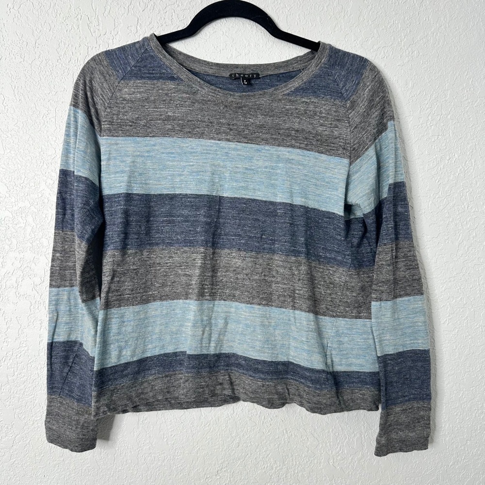 Theory Striped‎ Long Sleeve Cotton Top Womens Size P Gray Blue Cotton Blend Knit